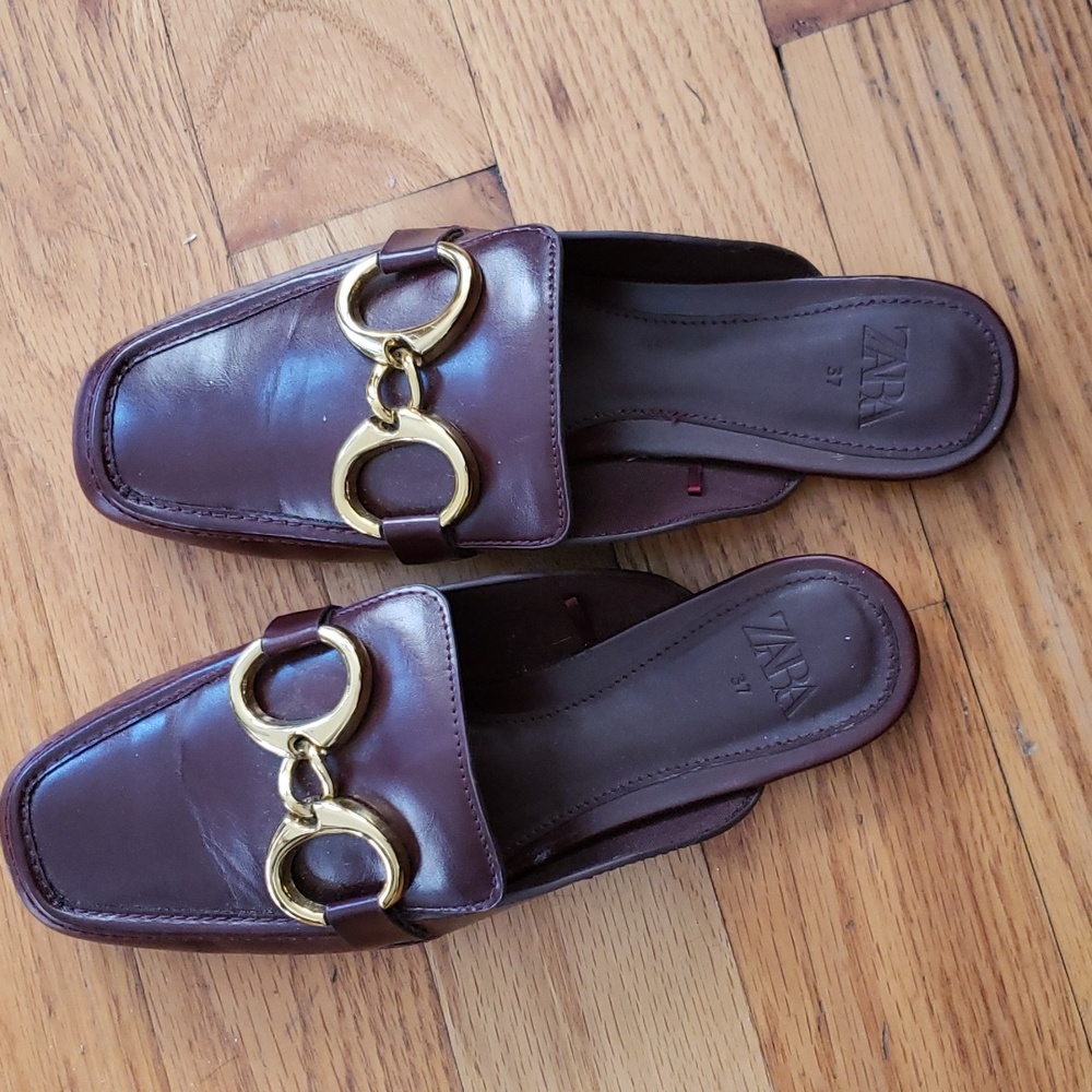Zara Burgundy Leather Slip-On Mules with Gold Hardware